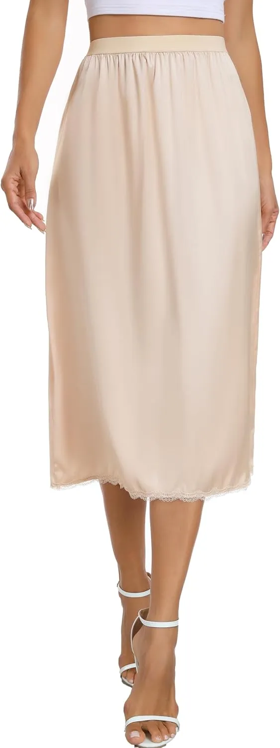 Vlazom Women's Satin Half Slip for Under Dress Long Underskirt Soft Under Slips for Women Under Dresses Size S-XXL