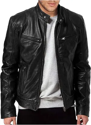 WENKOMG1 Faux Leather Motorcycle Jacket For Men,Windproof Jacket Long Sleeve Zipper Closure Sports Jacket Winter Coat
