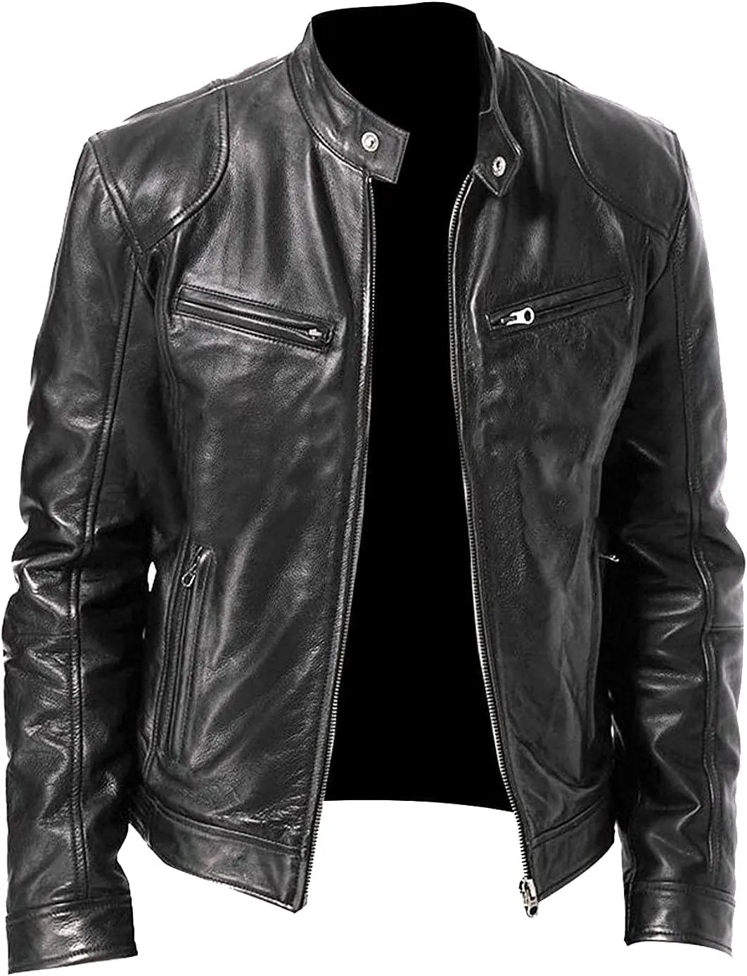 WENKOMG1 Faux Leather Motorcycle Jacket For Men,Windproof Jacket Long Sleeve Zipper Closure Sports Jacket Winter Coat