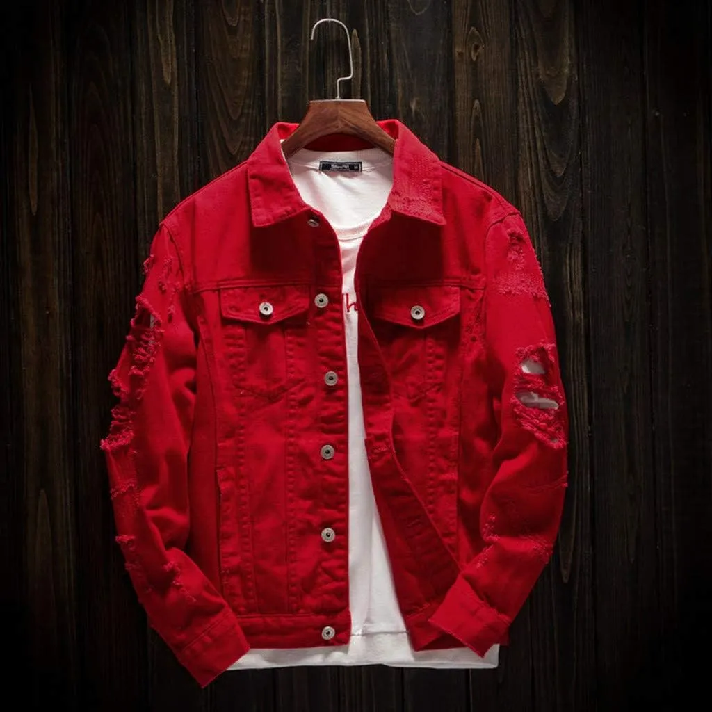 WENKOMG1 Ripped Denim Jacket for Men Hipster Style Autumn Long Sleeve Top Urban Outerwear