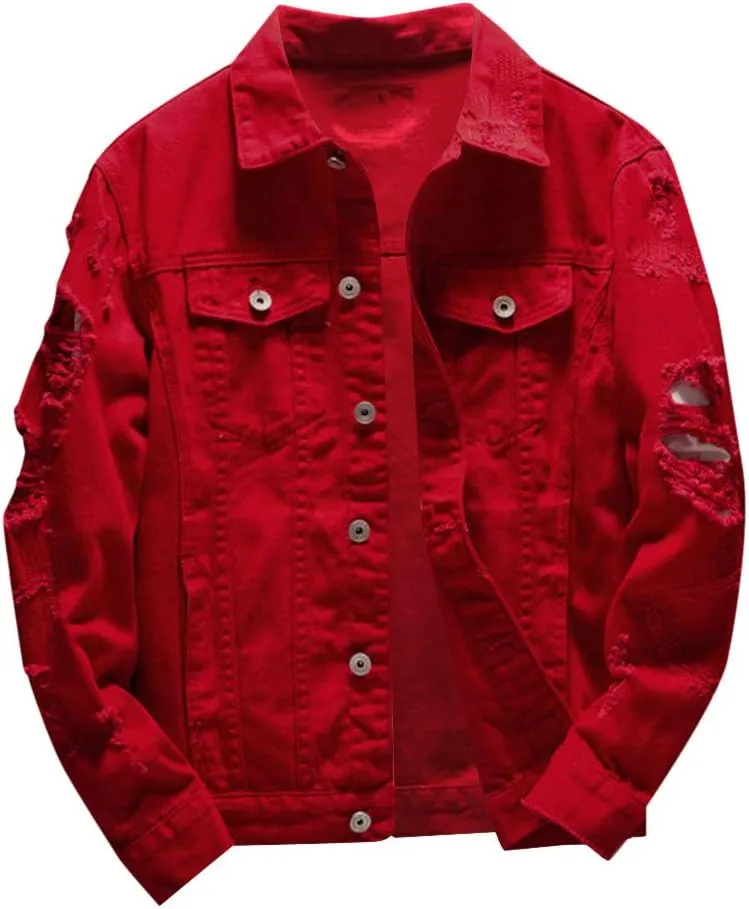 WENKOMG1 Ripped Denim Jacket for Men Hipster Style Autumn Long Sleeve Top Urban Outerwear