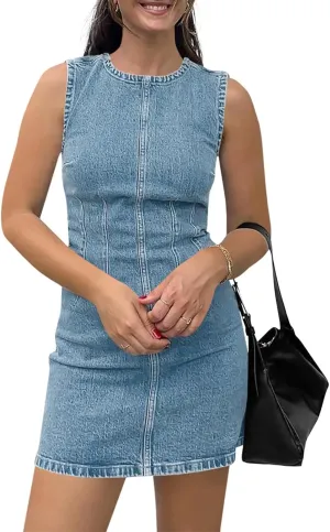 Wenrine Womens Denim Mini Dress Casual Sleeveless Crewneck Summer Jean Tank Dresses