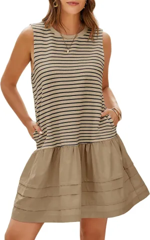 Wenrine Womens Summer Tank Mini Dress Casual Striped Sleeveless Crewneck Constrast Patchwork Loose Dresses