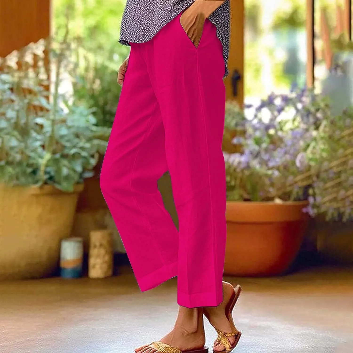 White Linen Pants Women Elastic Pants Long Drawstring Linen Women Waist Cotton Casual Slit Trouser Legs Pants