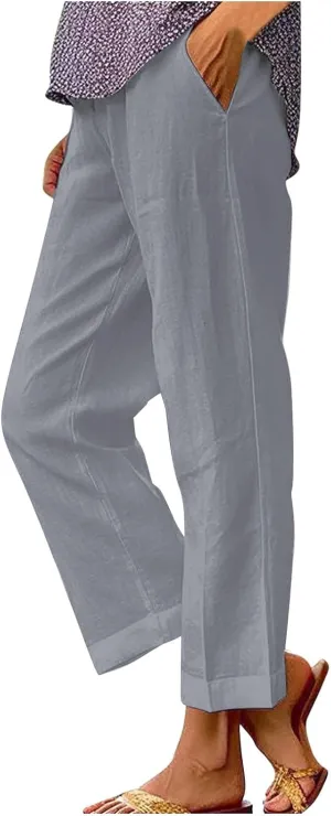 White Linen Pants Women Elastic Pants Long Drawstring Linen Women Waist Cotton Casual Slit Trouser Legs Pants
