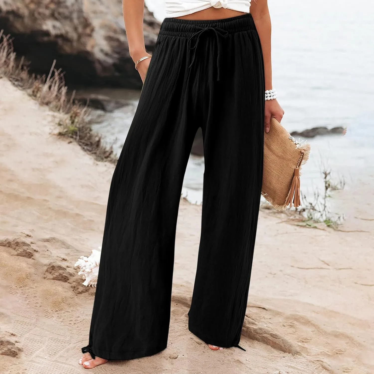 Wide Leg Linen Pants for Women Casual Summer Palazzo Pants Lightweight High Waisted Flowy Beach Pants 2024 Fashion