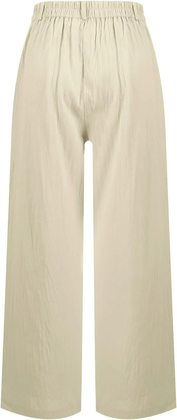 Wide Leg Linen Pants for Women Dressy Button Down High Waisted Palazzo Pants Summer Work Trousers Slacks with Pockets
