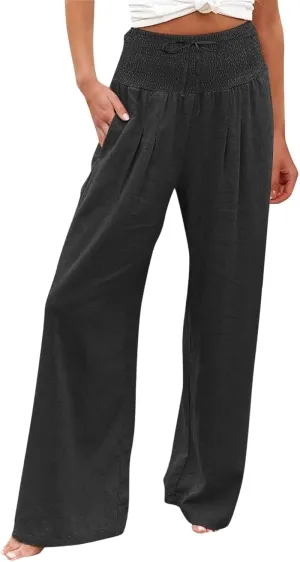 Wide Leg Linen Pants for Women Summer High Waisted Pant Palazzo Lounge Trousers Boho Beach Drawstring Pants with Pocket