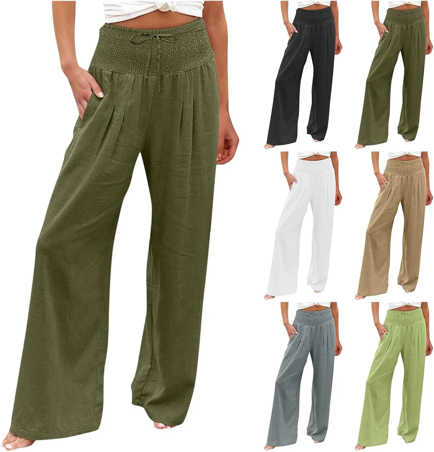 Wide Leg Linen Pants for Women Summer High Waisted Pant Palazzo Lounge Trousers Boho Beach Drawstring Pants with Pocket