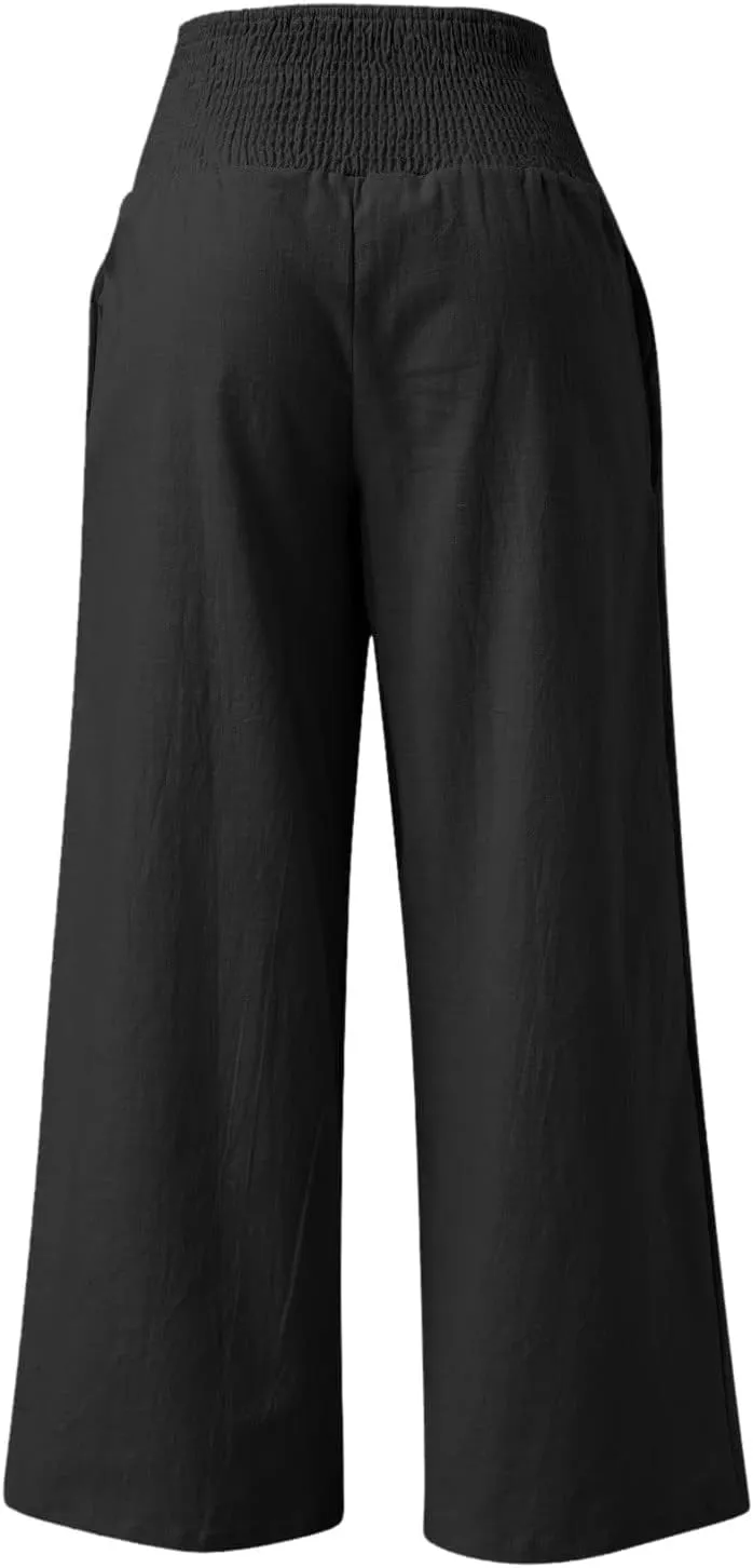 Wide Leg Linen Pants for Women Summer High Waisted Pant Palazzo Lounge Trousers Boho Beach Drawstring Pants with Pocket