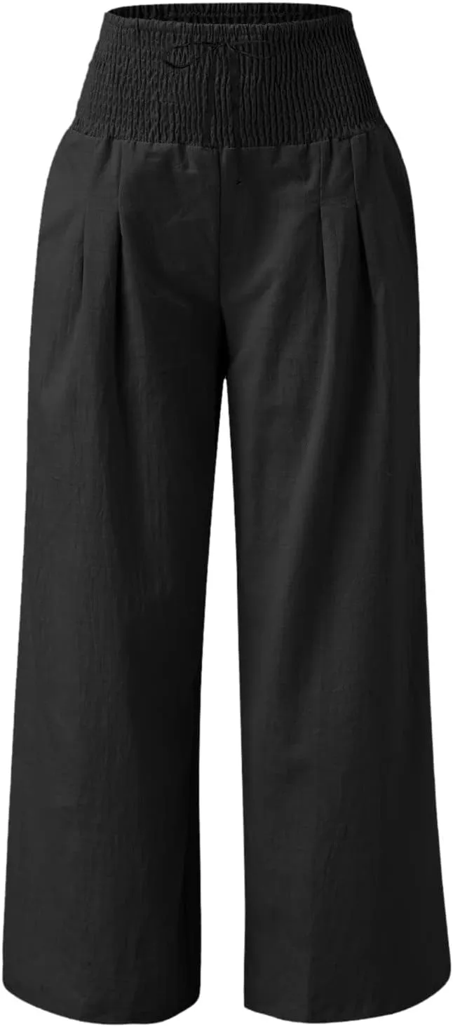 Wide Leg Linen Pants for Women Summer High Waisted Pant Palazzo Lounge Trousers Boho Beach Drawstring Pants with Pocket