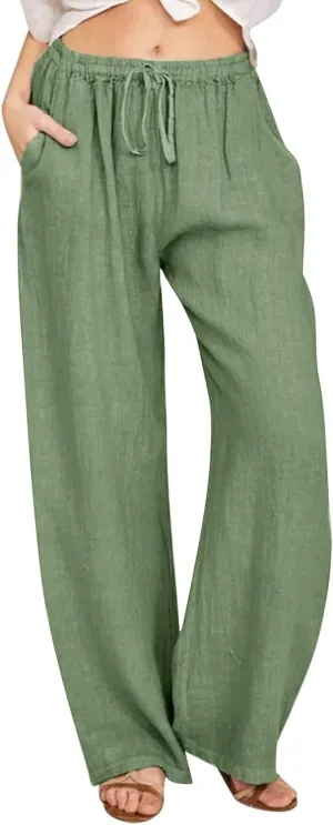 Wide Leg Pants for Women Summer Cotton Linen Palazzo Pants Drawstring Waist Casual Loose Comfy Trousers with Pockets