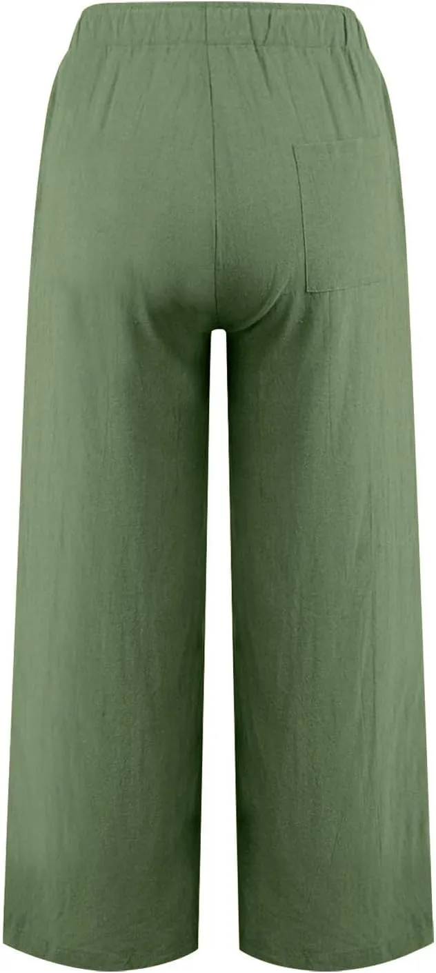 Wide Leg Pants for Women Summer Cotton Linen Palazzo Pants Drawstring Waist Casual Loose Comfy Trousers with Pockets