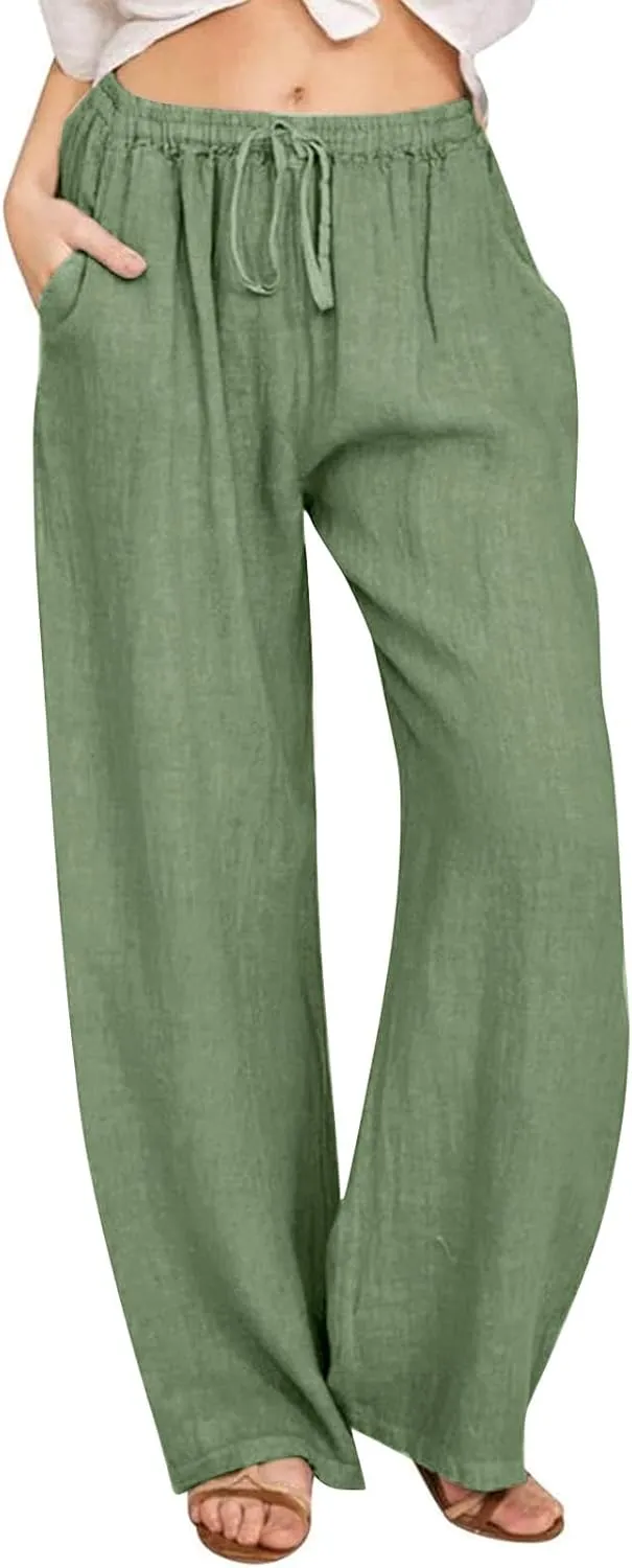 Wide Leg Pants for Women Summer Cotton Linen Palazzo Pants Drawstring Waist Casual Loose Comfy Trousers with Pockets
