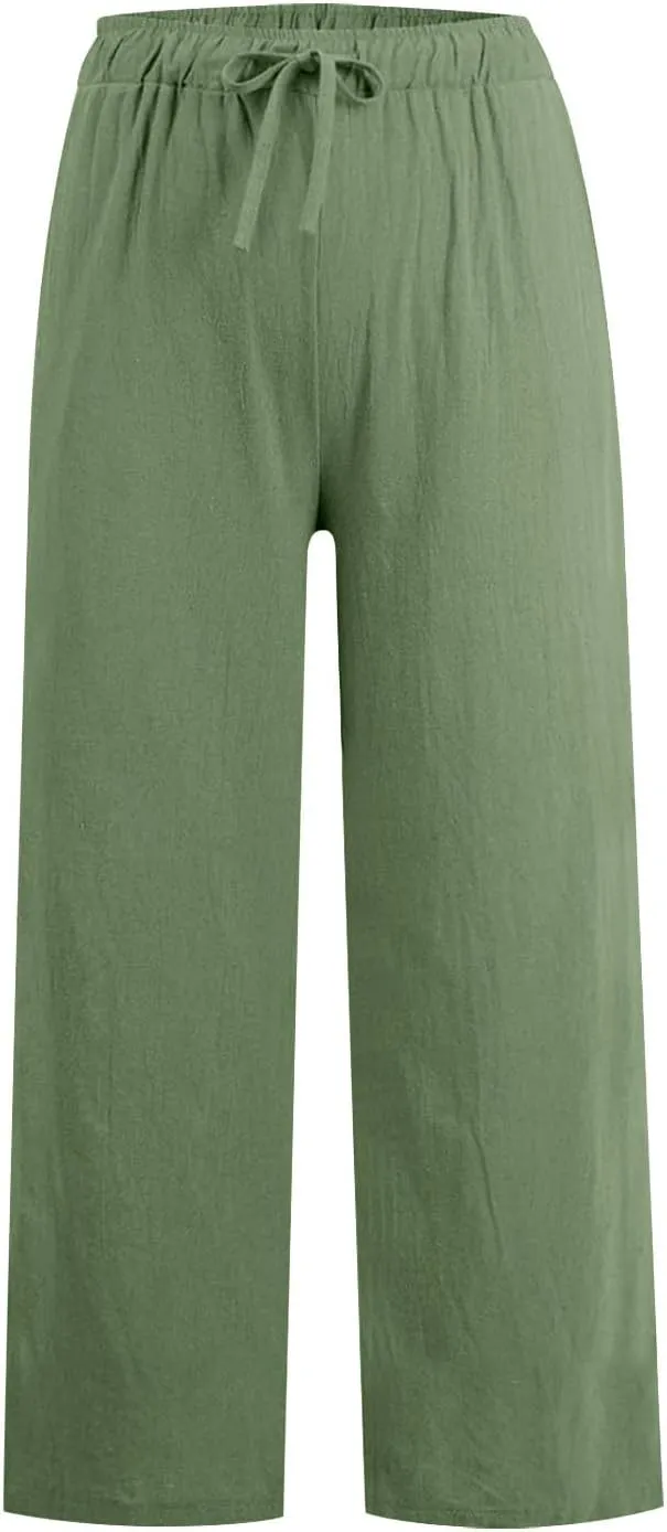 Wide Leg Pants for Women Summer Cotton Linen Palazzo Pants Drawstring Waist Casual Loose Comfy Trousers with Pockets