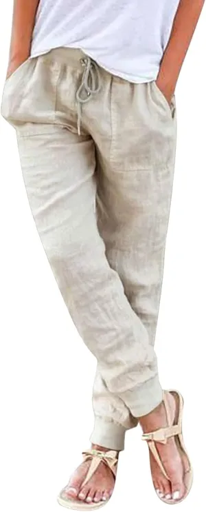 Wide Leg Trousers Women Petite Stretchy Cotton Linen 2024 Summer 2024 Pant Drawstring Pull On Boho Trendy Sweatpant