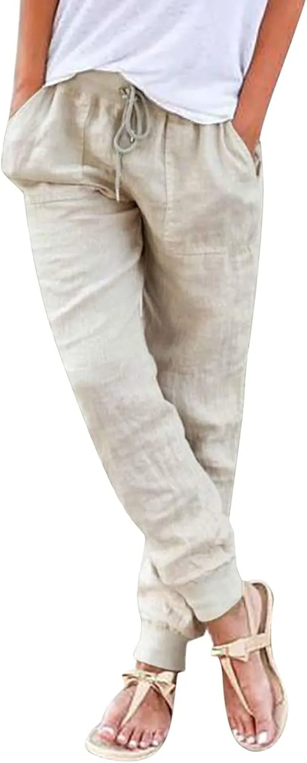 Wide Leg Trousers Women Petite Stretchy Cotton Linen 2024 Summer 2024 Pant Drawstring Pull On Boho Trendy Sweatpant