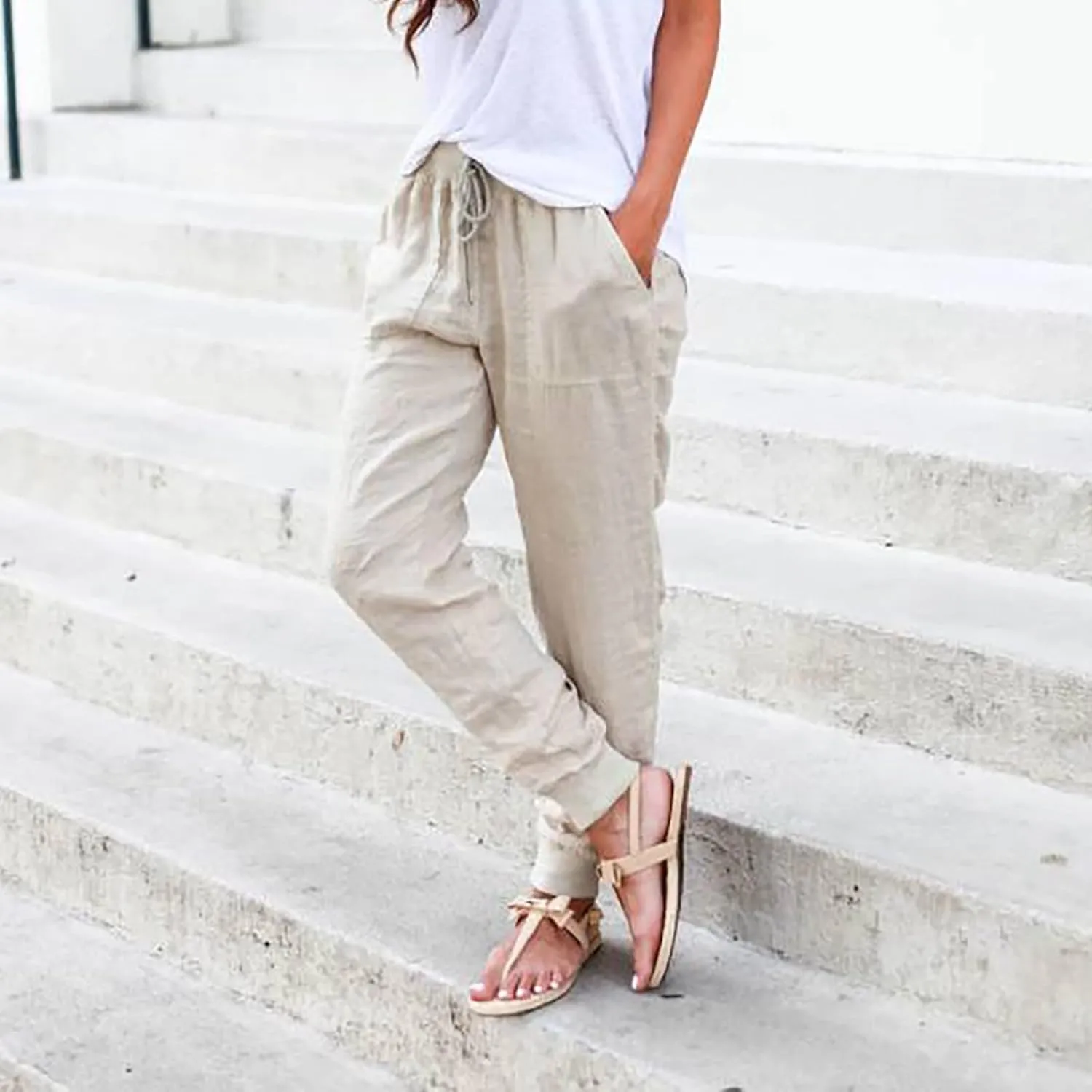 Wide Leg Trousers Women Petite Stretchy Cotton Linen 2024 Summer 2024 Pant Drawstring Pull On Boho Trendy Sweatpant