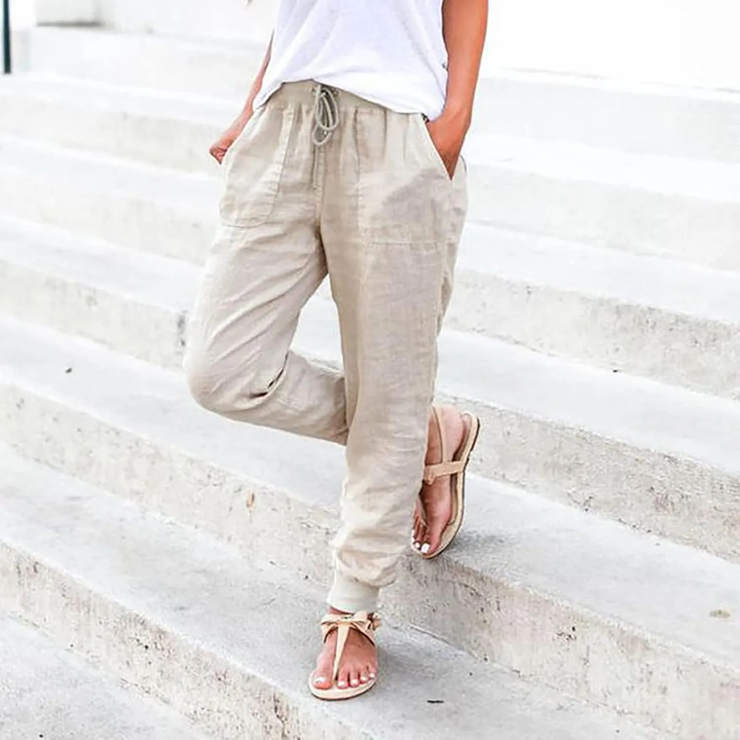 Wide Leg Trousers Women Petite Stretchy Cotton Linen 2024 Summer 2024 Pant Drawstring Pull On Boho Trendy Sweatpant
