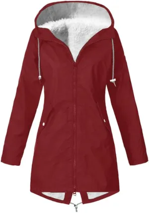 Wkishenl Waterproof Rain Coat Women Fall Winter Fleece Lined Outdoor Trench Coats Plus Size Windbreaker Rain Jacket