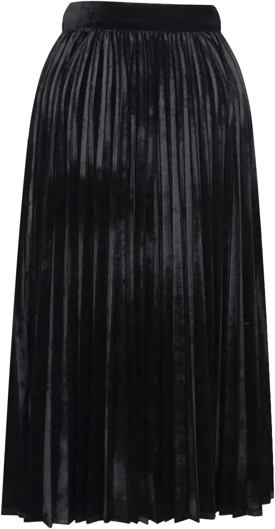 Woman's High Waist Vinage Velvet Stretchy Flared Pleated Casual A-line Swing Midi Skirt