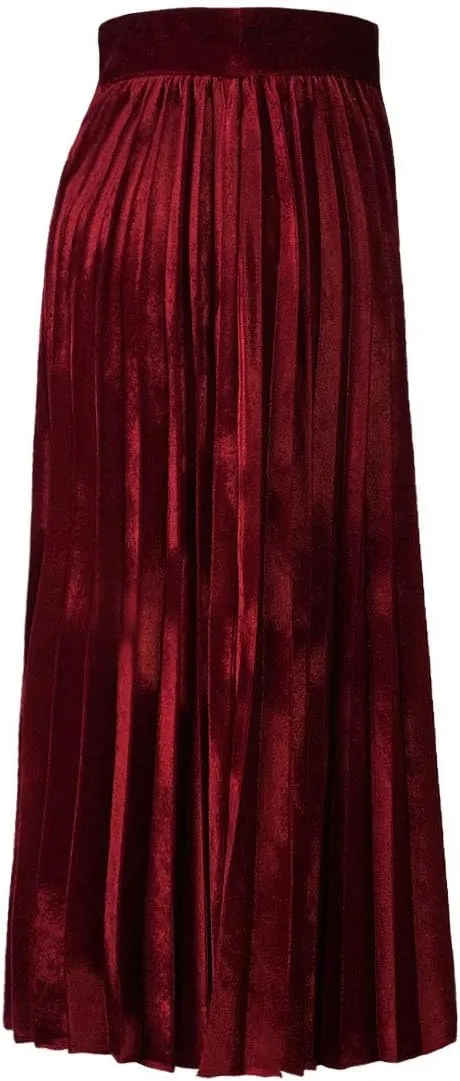 Woman's High Waist Vinage Velvet Stretchy Flared Pleated Casual A-line Swing Midi Skirt