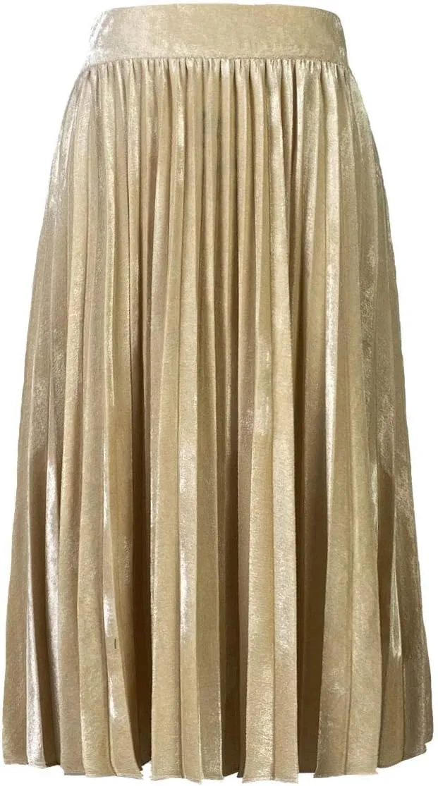 Woman's High Waist Vinage Velvet Stretchy Flared Pleated Casual A-line Swing Midi Skirt