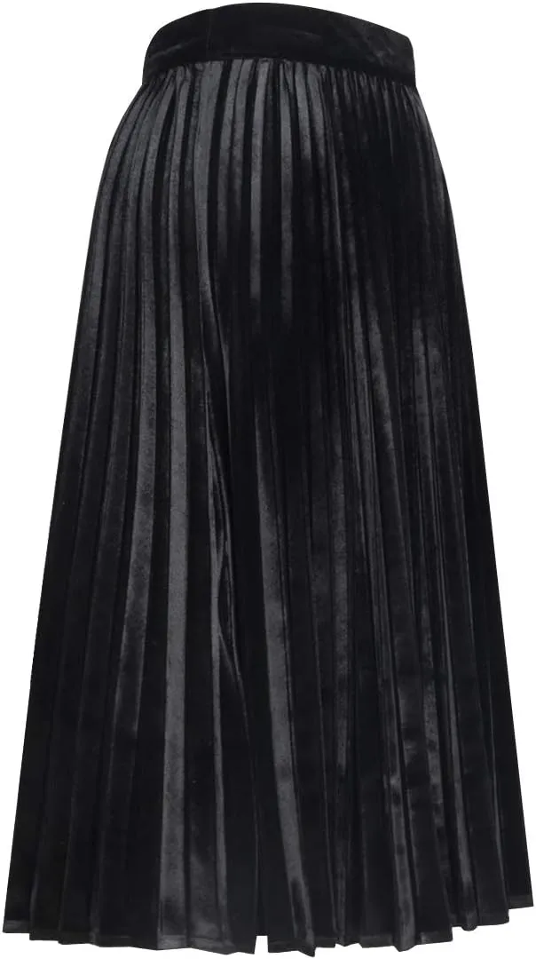 Woman's High Waist Vinage Velvet Stretchy Flared Pleated Casual A-line Swing Midi Skirt