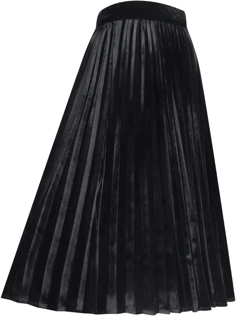 Woman's High Waist Vinage Velvet Stretchy Flared Pleated Casual A-line Swing Midi Skirt
