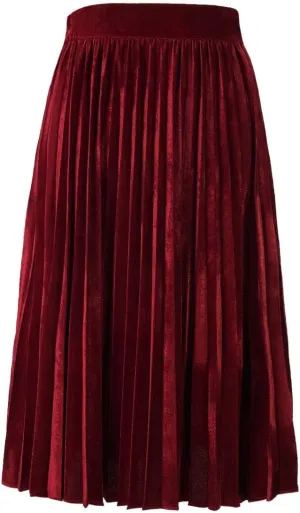 Woman's High Waist Vinage Velvet Stretchy Flared Pleated Casual A-line Swing Midi Skirt