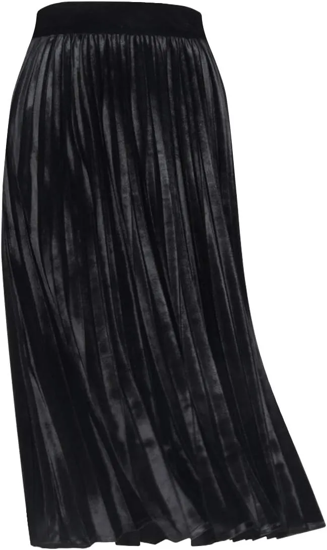 Woman's High Waist Vinage Velvet Stretchy Flared Pleated Casual A-line Swing Midi Skirt
