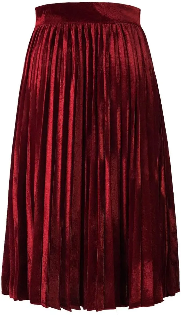 Woman's High Waist Vinage Velvet Stretchy Flared Pleated Casual A-line Swing Midi Skirt