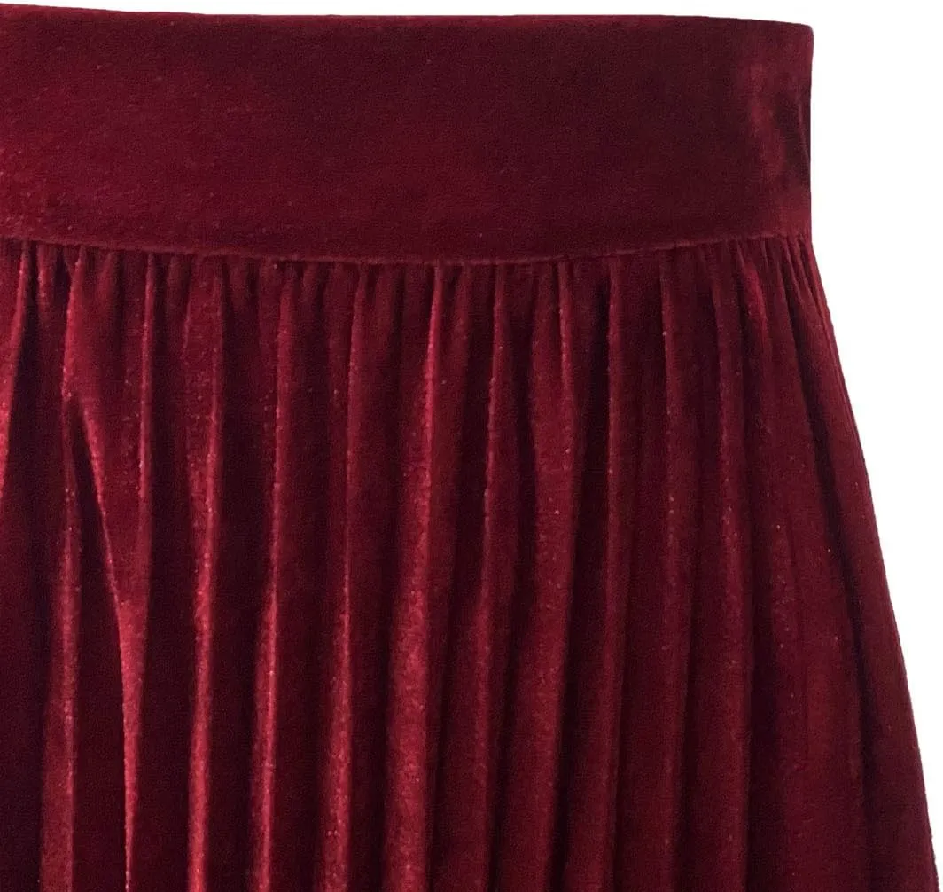 Woman's High Waist Vinage Velvet Stretchy Flared Pleated Casual A-line Swing Midi Skirt