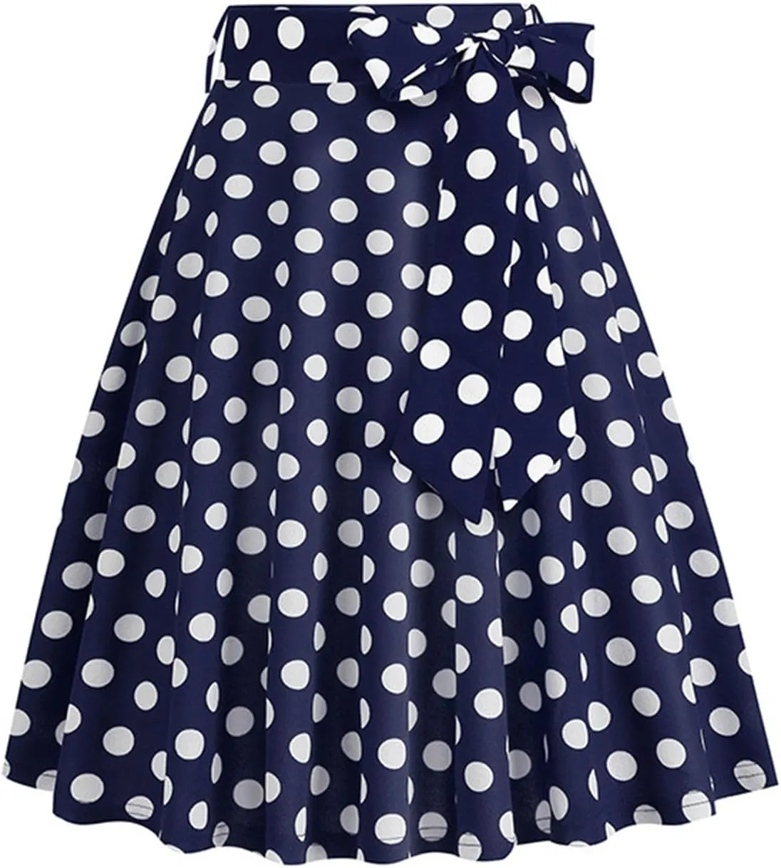 Women 50s Vintage Polka Dot A Line Pleated Midi Skirt Tie Up High Wiast Knee Length Flared Skirt Cocktail Swing Skirts