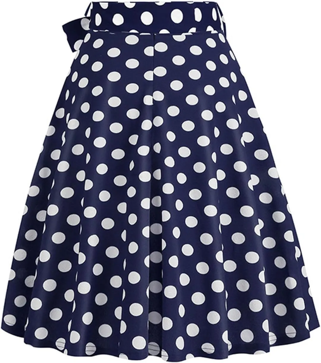 Women 50s Vintage Polka Dot A Line Pleated Midi Skirt Tie Up High Wiast Knee Length Flared Skirt Cocktail Swing Skirts