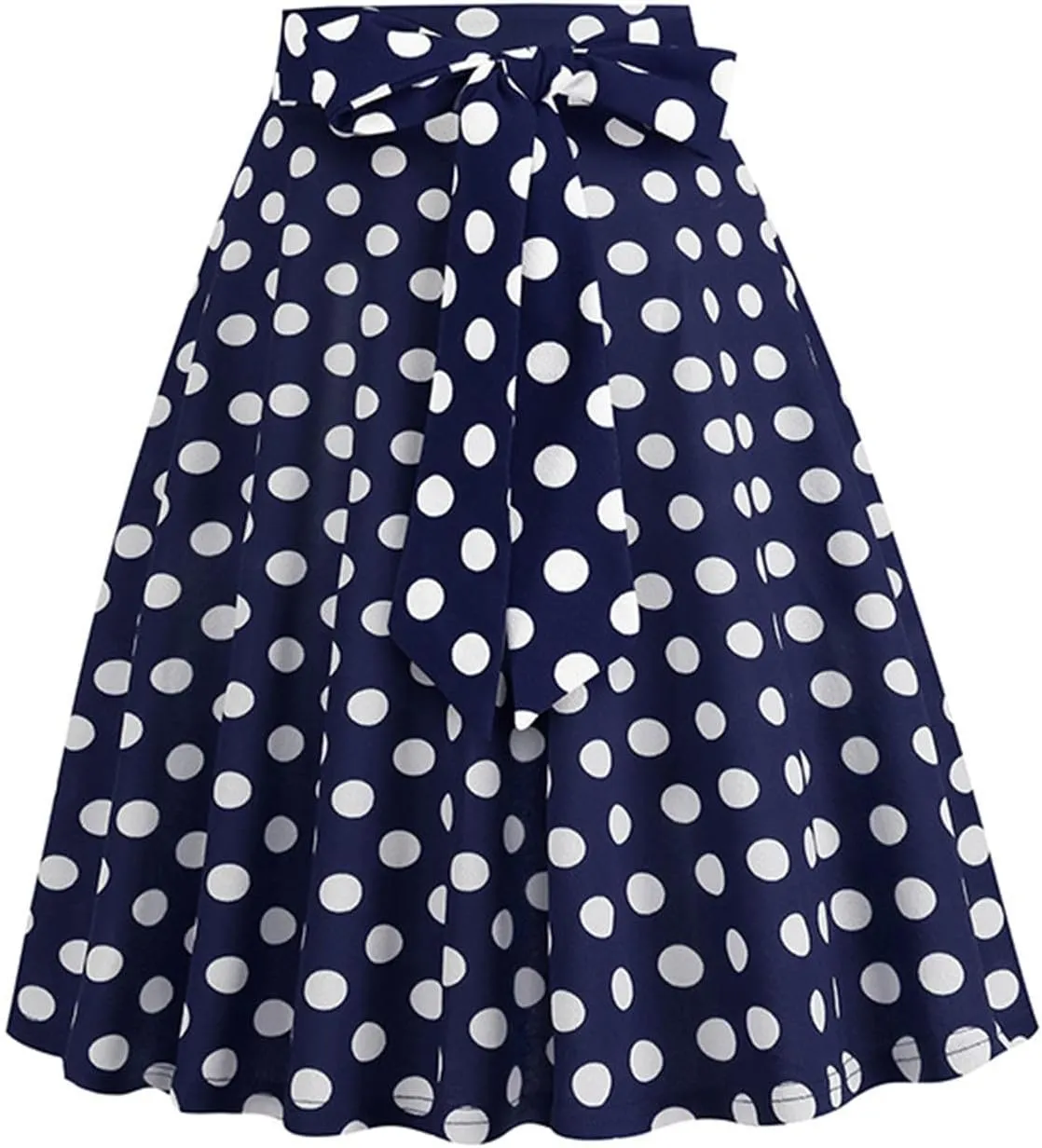 Women 50s Vintage Polka Dot A Line Pleated Midi Skirt Tie Up High Wiast Knee Length Flared Skirt Cocktail Swing Skirts
