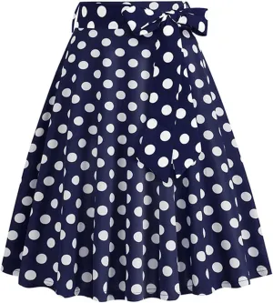 Women 50s Vintage Polka Dot A Line Pleated Midi Skirt Tie Up High Wiast Knee Length Flared Skirt Cocktail Swing Skirts