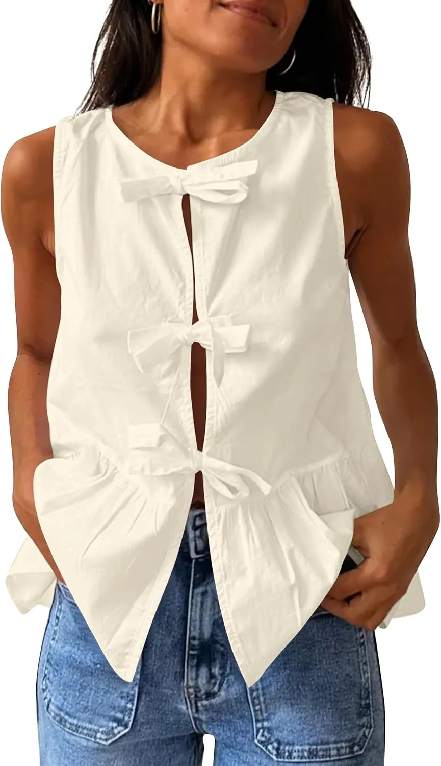Women Casual Sleeveless Bow Tie Front Peplum Tank Tops Cute Summer Going Out Ruffled Loose Babydoll Blouse Shirts