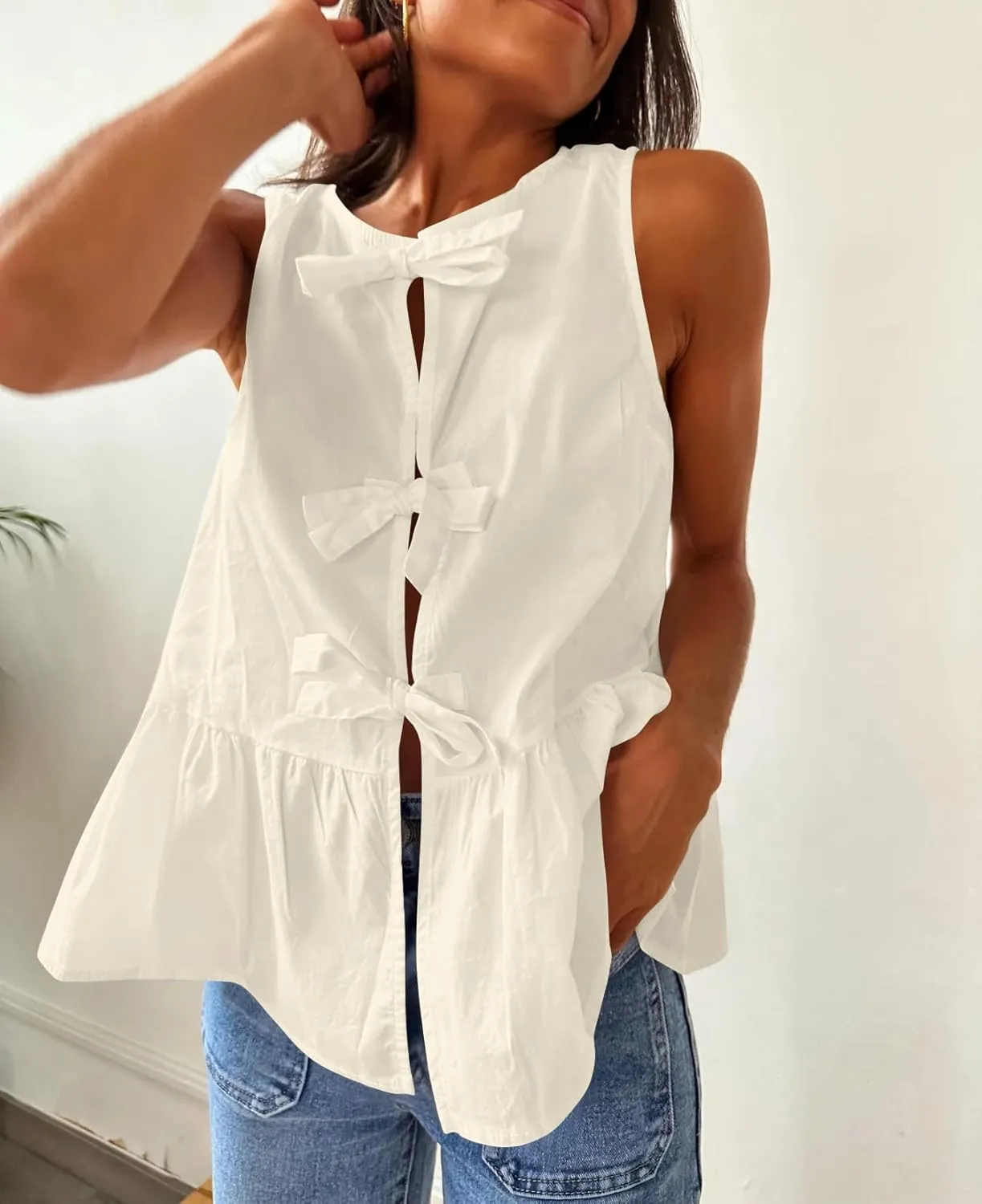 Women Casual Sleeveless Bow Tie Front Peplum Tank Tops Cute Summer Going Out Ruffled Loose Babydoll Blouse Shirts