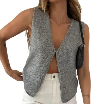 Women Crochet Knit Vest Top Sleeveless V Neck Solid Hollow Out Front Tie Up Crop Top Summer Tank