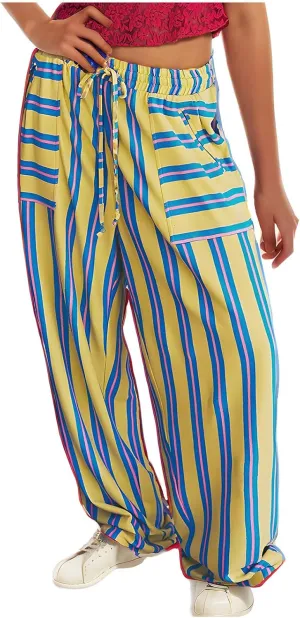 Women Drawstring Stripe Wide Leg Trousers Low Rise Casual Loose Lounge Pants with Pockets, Large, 02-blue