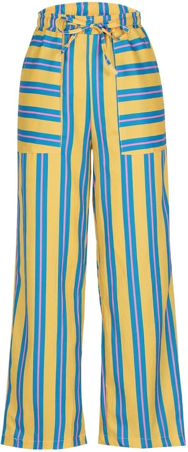 Women Drawstring Stripe Wide Leg Trousers Low Rise Casual Loose Lounge Pants with Pockets, Large, 02-blue