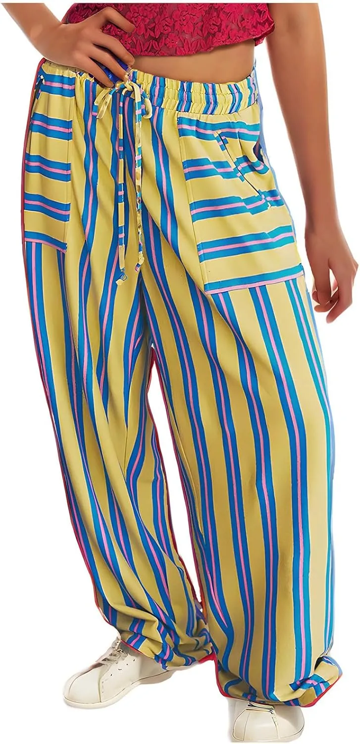 Women Drawstring Stripe Wide Leg Trousers Low Rise Casual Loose Lounge Pants with Pockets, Large, 02-blue