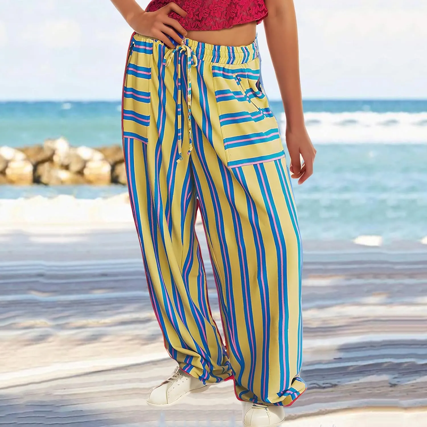 Women Drawstring Stripe Wide Leg Trousers Low Rise Casual Loose Lounge Pants with Pockets, Large, 02-blue