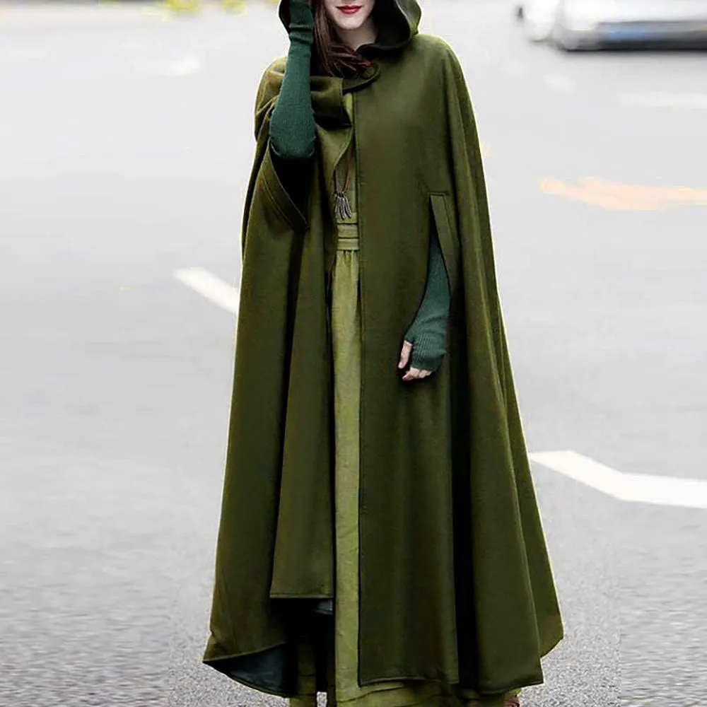 Women Hooded Cape Winter Casual Wool Blend Trench Coat Fashion Windproof Open Front Cardigan Maxi Cloak Coat
