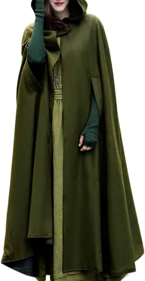 Women Hooded Cape Winter Casual Wool Blend Trench Coat Fashion Windproof Open Front Cardigan Maxi Cloak Coat