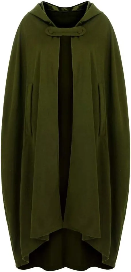Women Hooded Cape Winter Casual Wool Blend Trench Coat Fashion Windproof Open Front Cardigan Maxi Cloak Coat