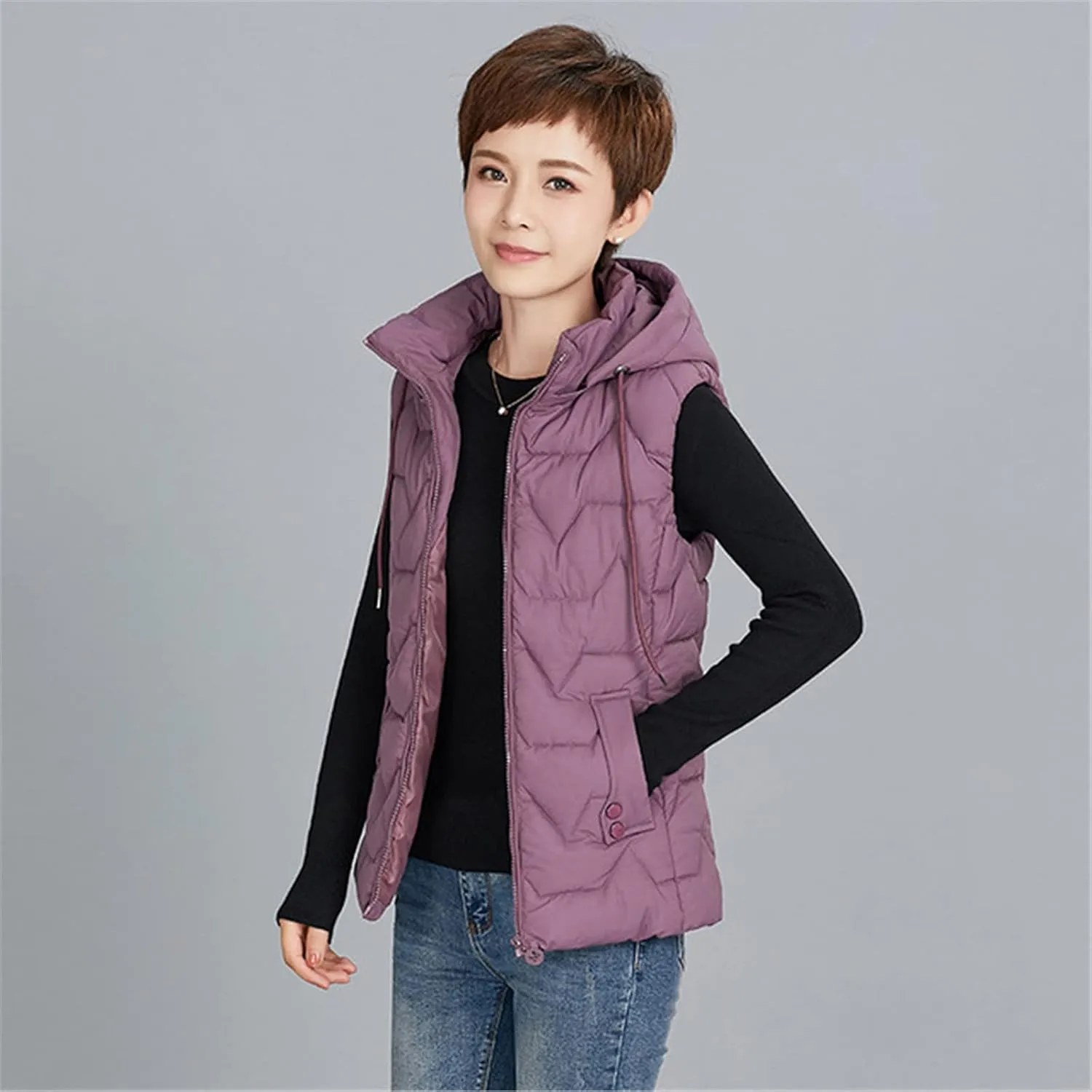 Women Hooded Quilted Vest Winter Lightweight Short Cotton Down Vest Slim Warm Sleeveless Vest Oversized Windproof Zipper Padded Waistcoat for Outdoor,Purple,3XL