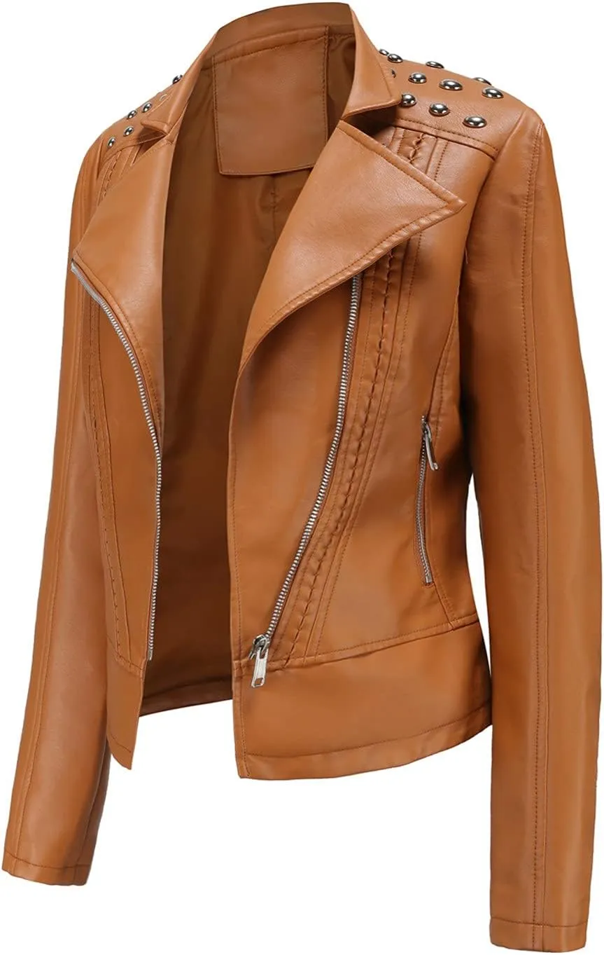 Women Leather Jacket Faux Motorcycle Coat Short Lightweight Pleather Crop Coat Fashion ZIpper Fleece Cardigan Womens Coat