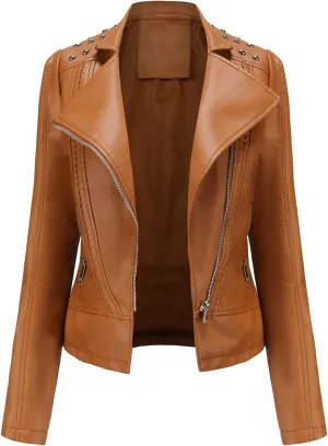 Women Leather Jacket Faux Motorcycle Coat Short Lightweight Pleather Crop Coat Fashion ZIpper Fleece Cardigan Womens Coat